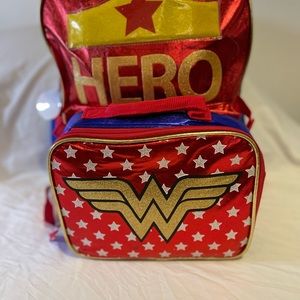 DC Comics Wonder Woman Kids 16" Backpack 7 pieces set Red blue. water bottle